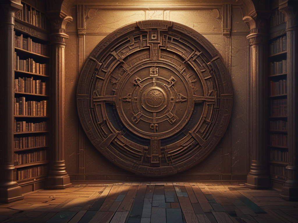 Dans une bibliothèque obscure, une porte monumentale porte un disque concentrique gravé.