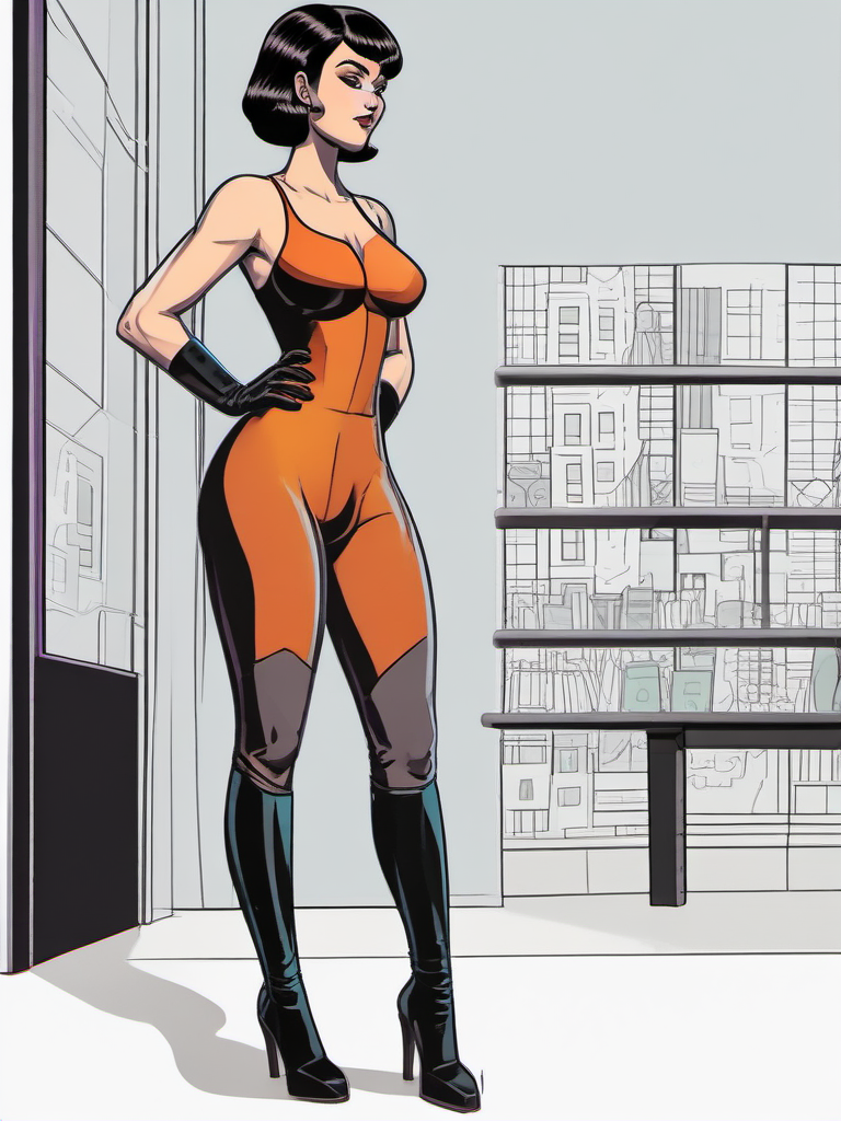 Source brute de la pose B : femme brune entière en tenue orange, debout dans un décor urbain intérieur.