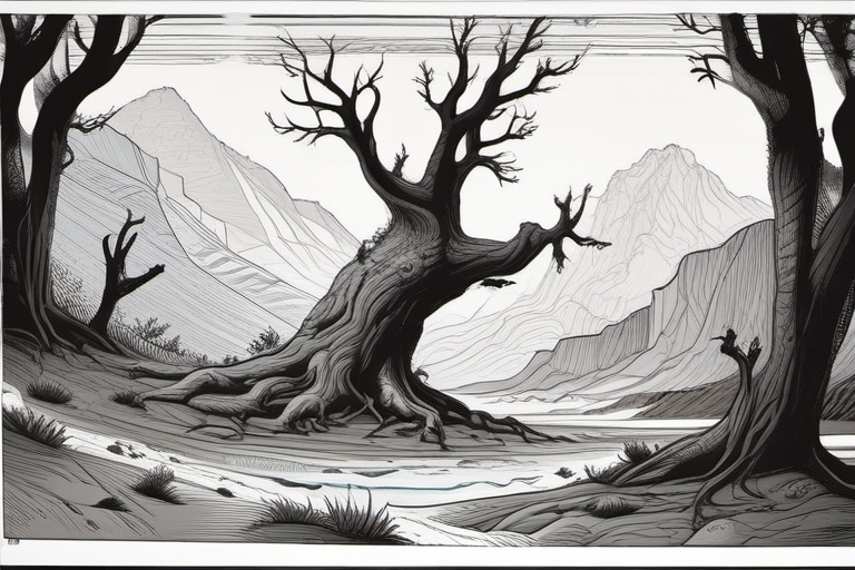Case brute 1, paysage sombre avec plusieurs arbres noueux.