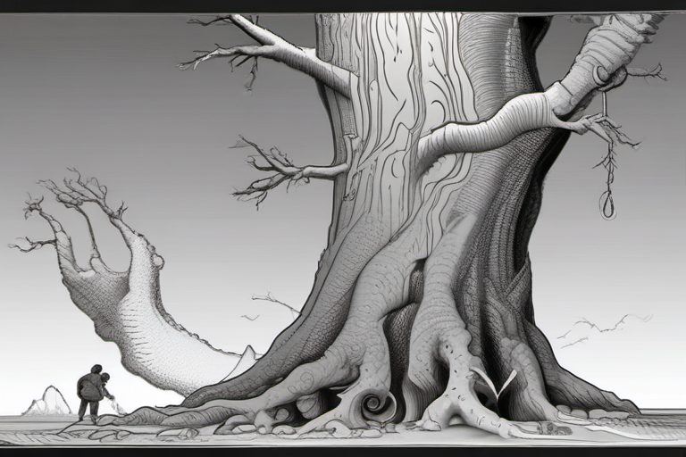 Case brute 6, grand arbre et petit personnage dans un paysage sombre.